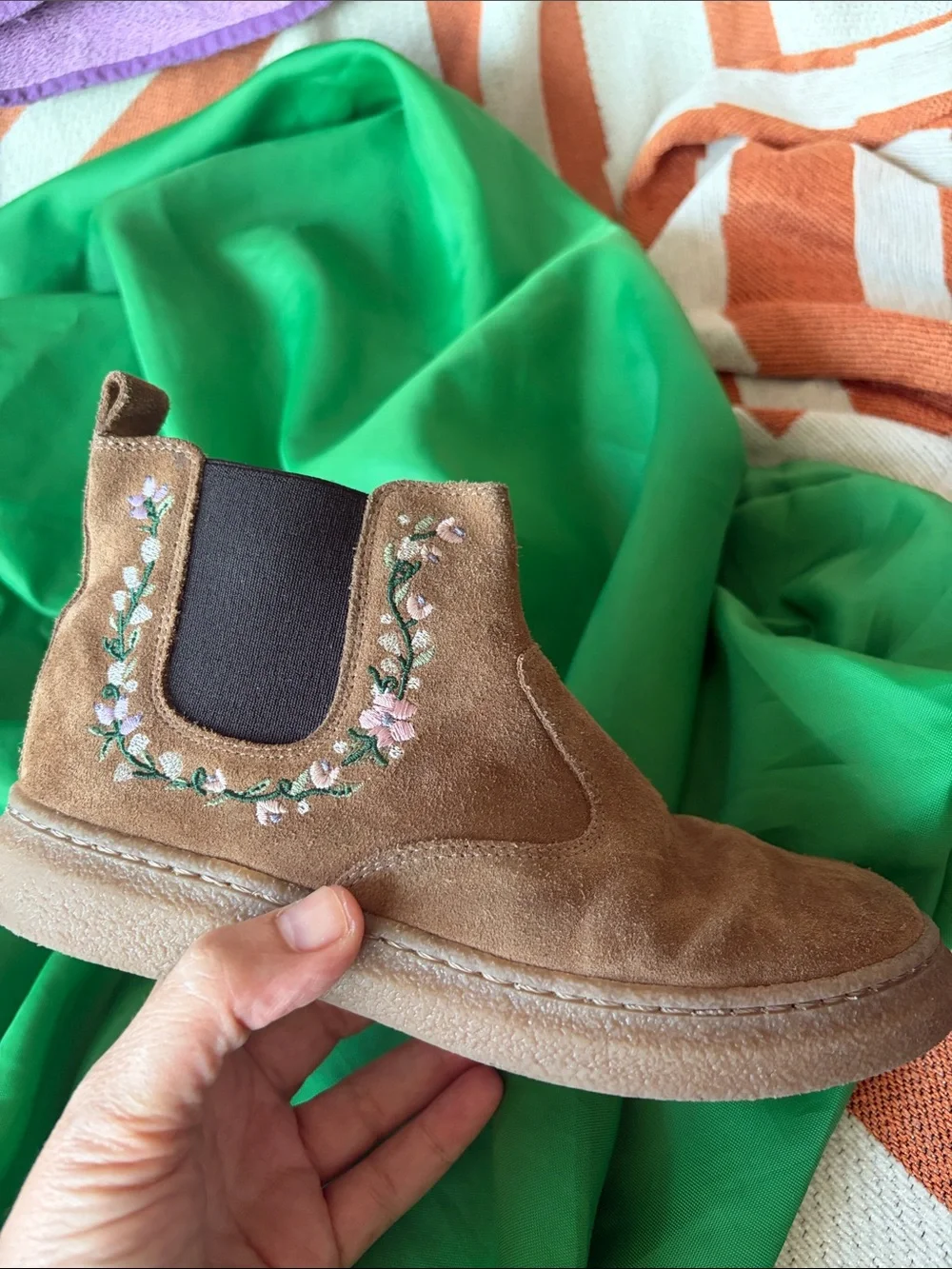 Pom D’api Girls Brown Suede Floral Chelsea Boots